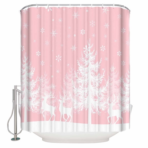 Winter White Elk Bathroom Shower Curtains with Hooks, Christmas Tree Snowflake Pink Background Waterproof Fabric Washable Shower Curtain for Home Hotel Bathtub Decor 36x72 Inch
