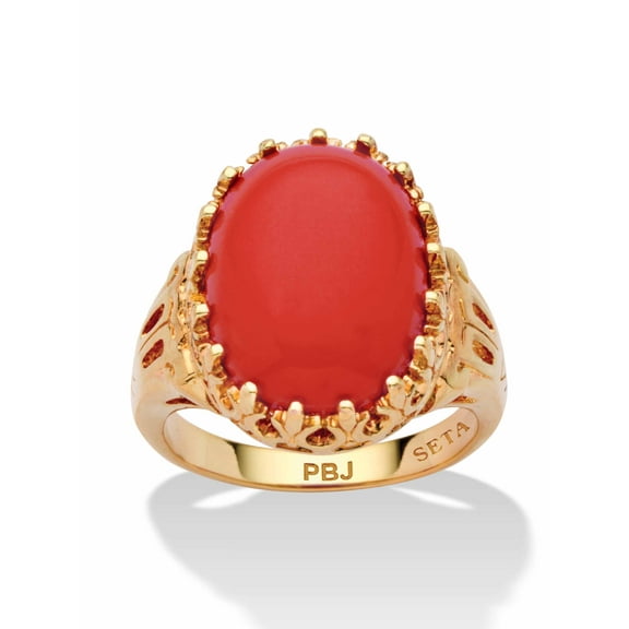 PalmBeach Jewelry Oval Simulated Coral Yellow Gold-Plated Cabochon Filigree Cocktail Ring