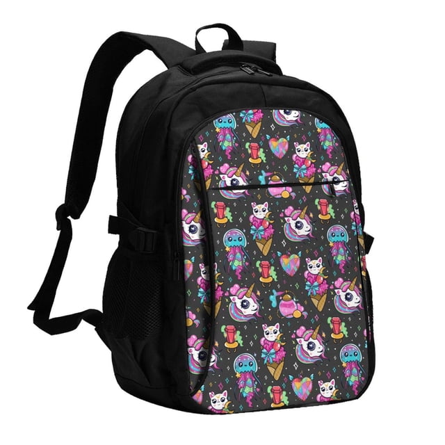 Balery Rainbow Unicorn And Cat Icecream Mochila con carga USB para hombre y mujer - Mochila impermeable y antirrobo para portátil con puerto USB para viajes, trabajo, estudios y universidad