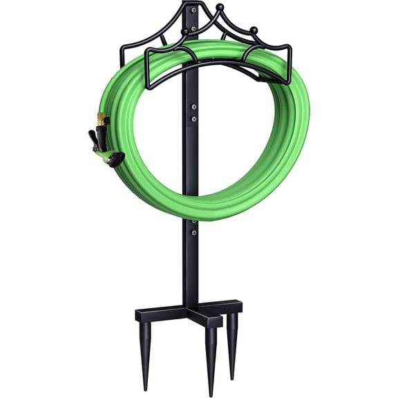 Freestanding Garden Hose Stand Holder - Metal Water Pipe Reel Rack for Outdoor, Shiny Black