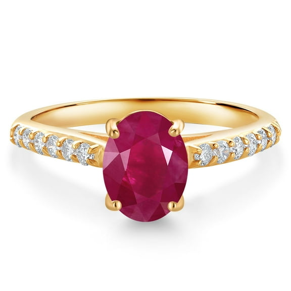 Gem Stone King 10K Yellow Gold Red Ruby and White Lab Grown Diamond Engagement Ring for Women (1.78 Cttw, Oval 8X6MM, Gemstone July Birthstone, Size 5)