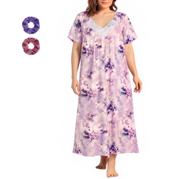 Loritta Plus Size Nightgowns for Women Short Sleeve Floral V-Neck Womens Summer Sleep Shirts with Headrope, XL-5XL