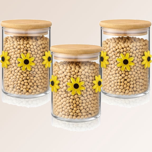Sunflower Glass Storage Jars with Airtight Bamboo Lid Glass Canister Set for Kitchen Countertop Decorations Party Supplies Gift