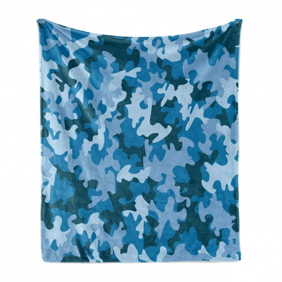 Camo Soft Flannel Fleece Throw Blanket, Colorful Composition with Abstract Shapes in Sky Color Shades Dark Motifs, Cozy Plush for Indoor and Outdoor Use, 60" x 80", Blue and Pale Blue, by Ambesonne