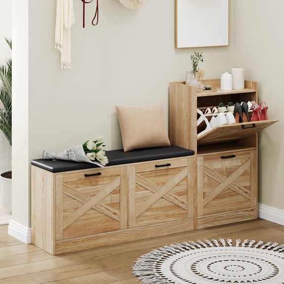 Shoe Storage Bench with 4 Flip Drawers & Padded Seat Cushion, Wooden Narrow Hidden Shoe Cabinet Organizer for Hallway, Living Room Entryway Bench