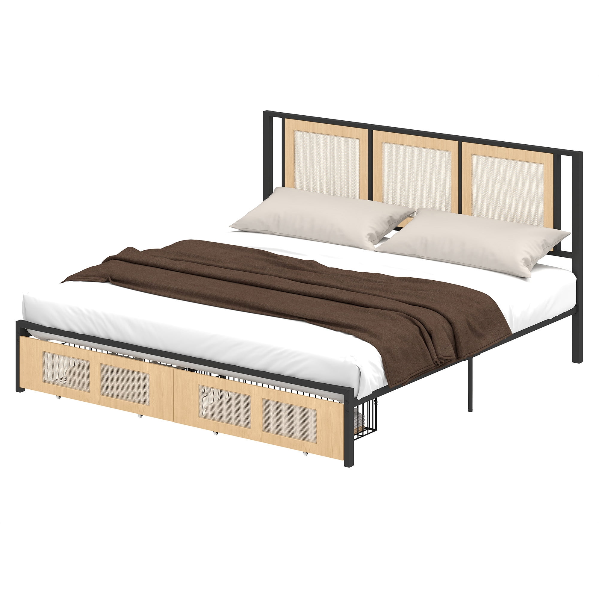 Uforic Boho King Size Bed Frame with Hand-Woven Rattan Design, Dual Storage Drawers, and Noise-Free Metal Slat Support, No Box Spring Required
