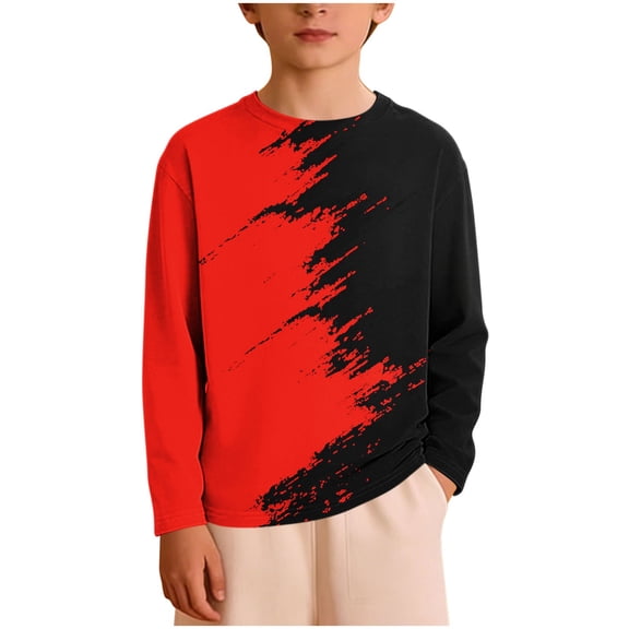 Boys Long Sleeve Shirt - Red Color Block Brushstroke Graphic Tee, Soft Stretchy Athletic Top for Kids, Play & Casual Wear 3-14 Years,Size 7-8 T