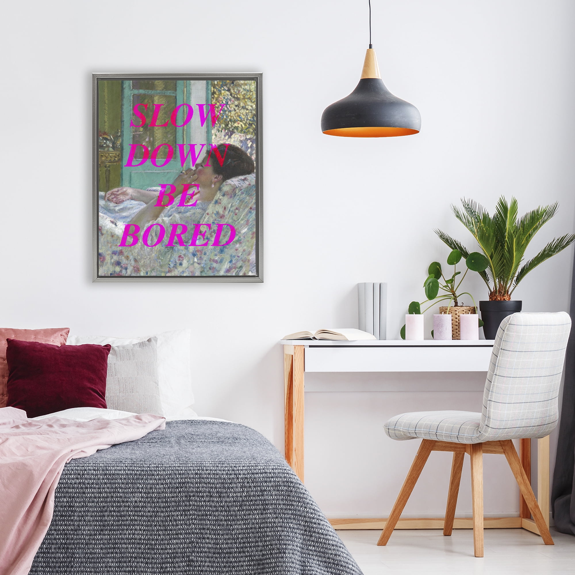 Slow Down Be Bored Classic Gray Framed Floater Canvas Wall Art, design by Lil' Rue