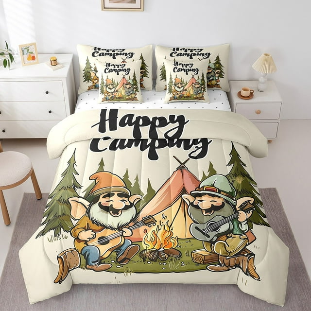 YST 7-Pcs Rustic Camping Kids Bedding Set, Twin Size, Cartoon Gnomes