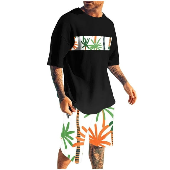 YLSDY Hawaiian Two Piece Sets for Men Short-Sleeve Oversized T-Shirts Tops with Graphic Shorts O-Neck Pullover Shirt Suits Lightweight Trendy Outerwear Black XXXL