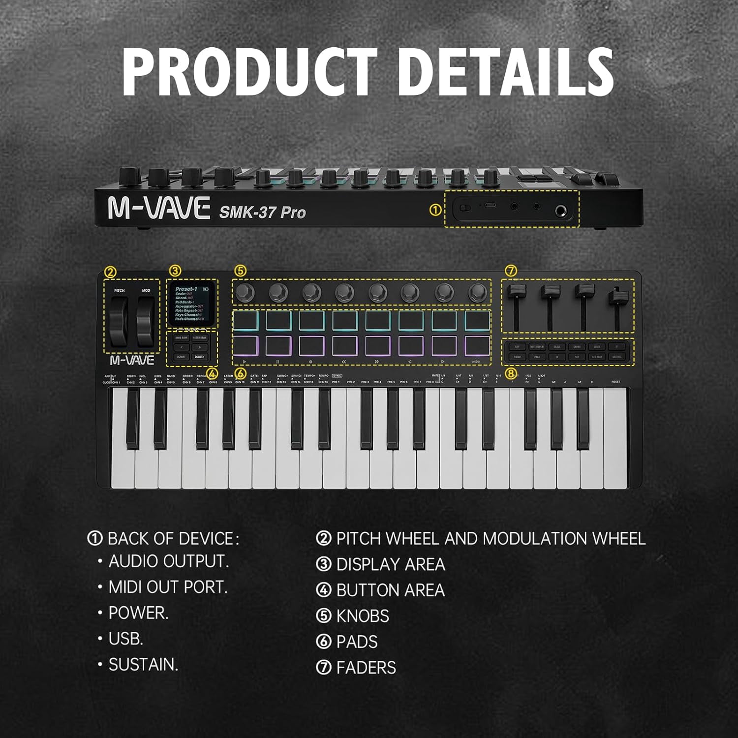 M-WAVE 37 Key USB MIDI Keyboard Controller With 16 Backlit Drum Pads, Bluetooth Semi Weighted Professional dynamic keybed 8 Knobs and Music Production,Software Included,Black