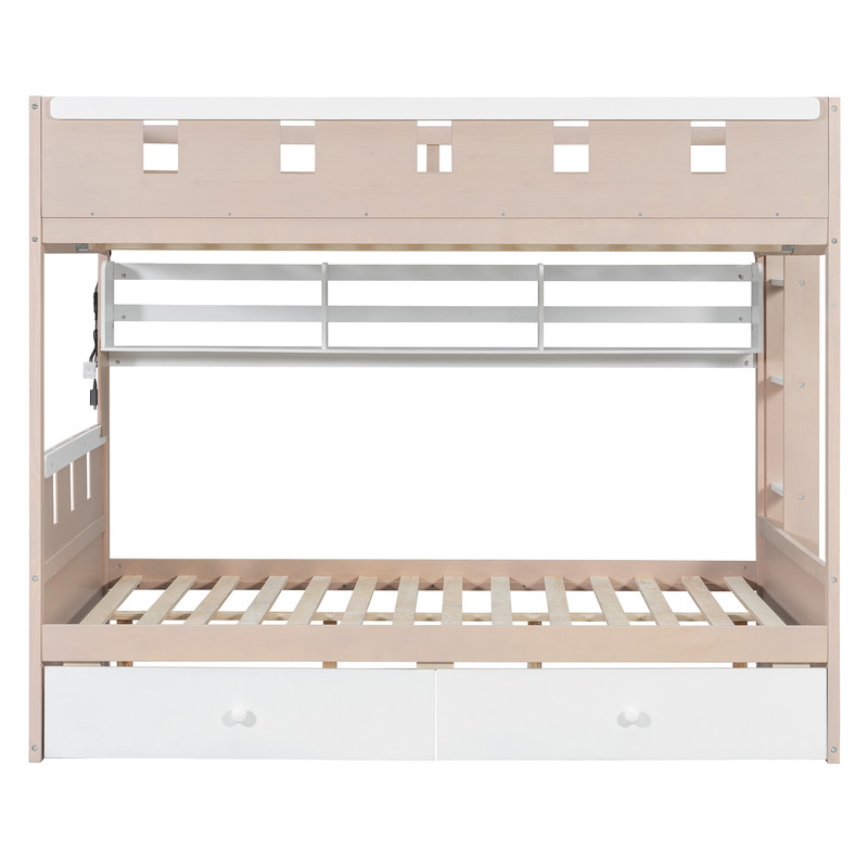 Full Size Castle-Designed Kids's Bunk Bed with Built-in Ladder & LED Strip, Storage Wooden Bed Frame with 2 Drawers & Shelves