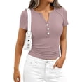 thumbnail image 7 of Women's 2026 Fall Summer Short Sleeve Tops Ribbed Henley Button Slim Fit Basic Casual T Shirts Blouse Clothing Pink XL, 7 of 7