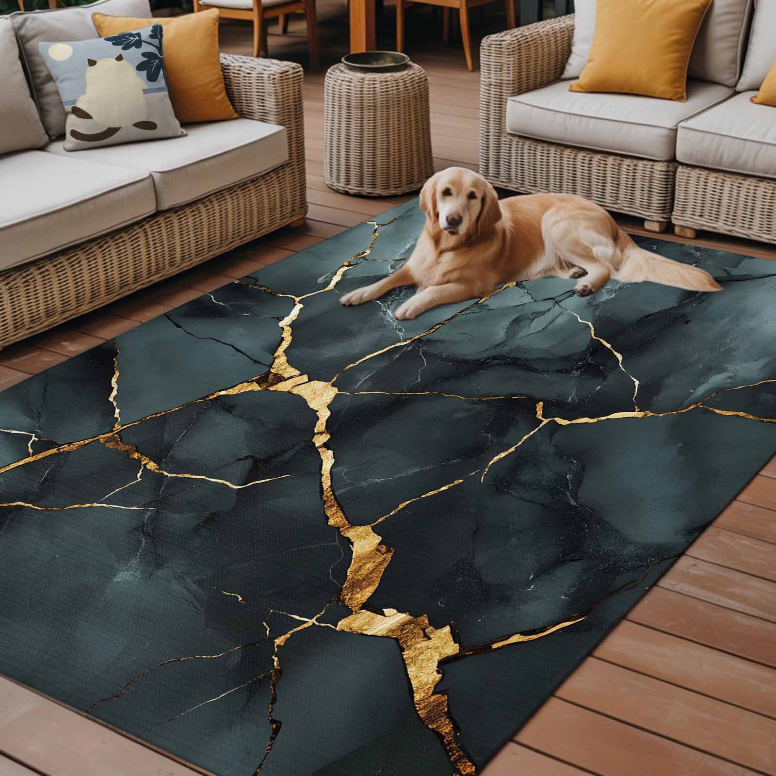 Outdoor Rug 5x8ft Blue Marble Large Area Rug Golden Ripple Indoor Outdoor Carpet Outdoor Rugs Mats for Patio Camping,RV,Front Door, Outside Decor