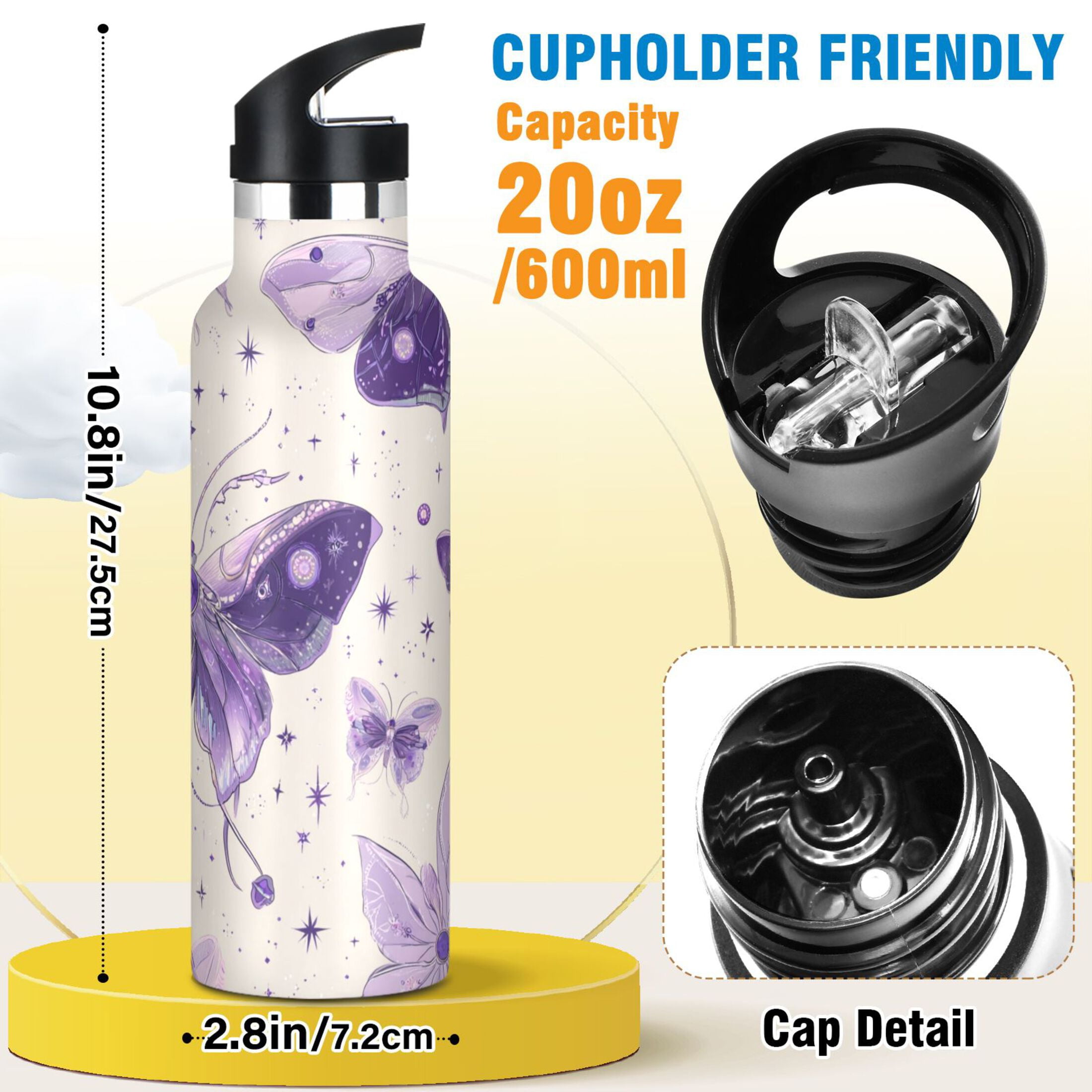 600ML Stainless Steel Insulated Cup Sports Water Bottle Portable Thermos Cup Water Glasses Insulated Tumblers Convenient and Durable Beautiful Purple Butterflies