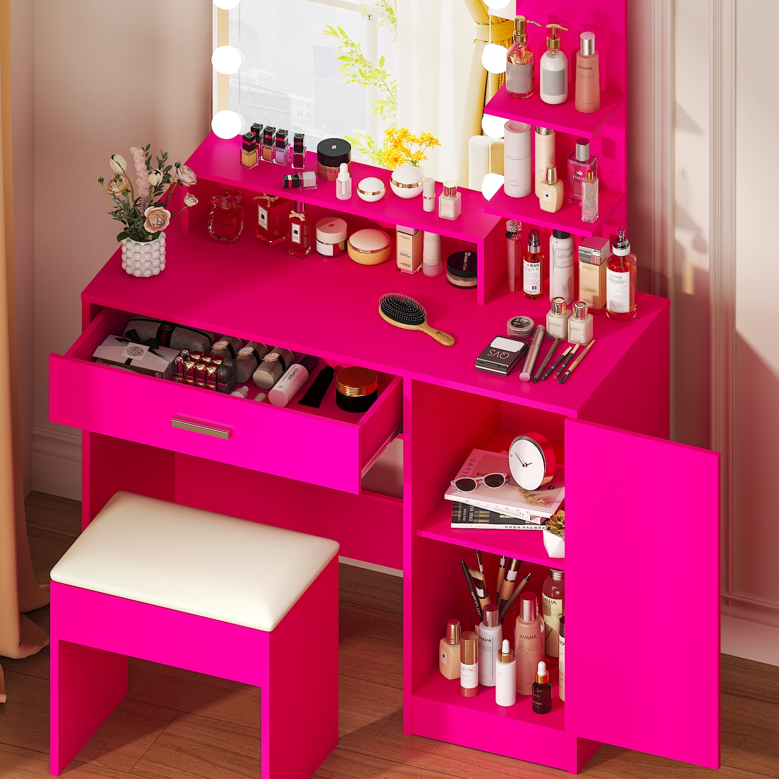 Ktaxon Vanity Set with 3 Color Lighted Mirror, Makeup Table with 3 Storage Shelves & Drawers, Dressing Table Makeup Desk with Stool,Hot Pink