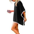 thumbnail image 4 of WREESH Womens Beach Cover Ups Trim Kaftan Chiffon Tassels Swimwear Summer Loose Solid V-Neck Tops Swimsuit Coverup Black, 4 of 5