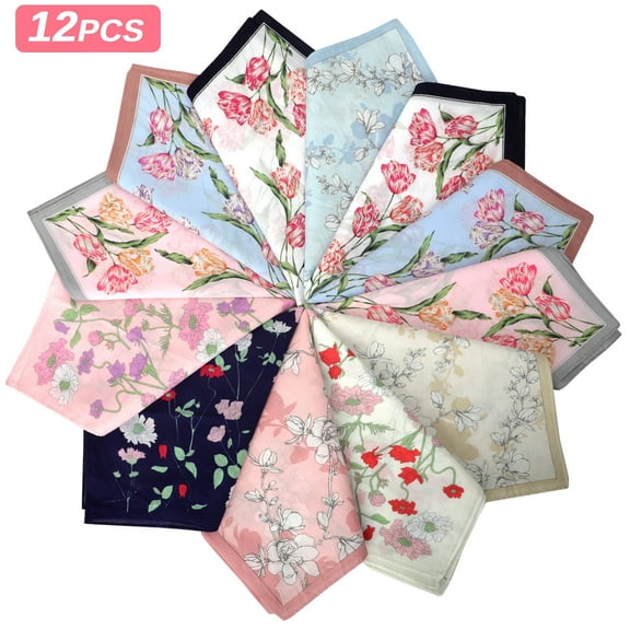 TSV 12pcs Vintage Floral Handkerchiefs, Women's Soft Cotton Hankies Pocket Square, 17.8x17.8"