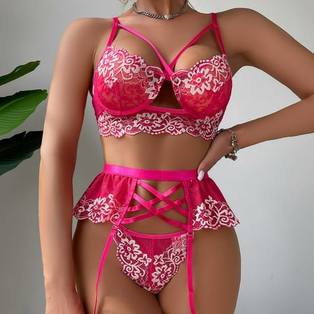 Sentmoon Sexy Lingerie for Women Ladies Fashion Sexy Cute Lingerie Hollow Lace Flowers Ruffles Sexy Underwear Thong Garter Belt Suit Valentines Lingerie Valentines Day Gifts for Her Deals of the Day