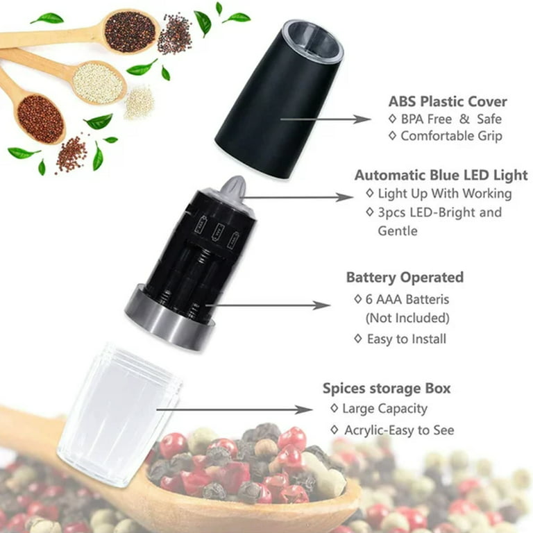 Sweet Alice Gravity Electric Pepper and Salt Grinder Set, Adjustable  Coarseness, Battery Powered with LED Light, One Hand Automatic