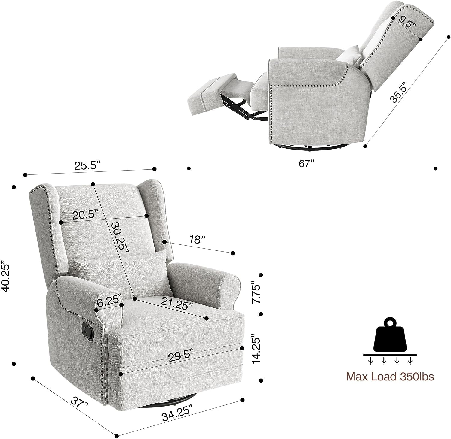 Heynemo Swivel Nursery Glider Recliner Comfy Upholstered Glider Chair Swivel Rocking Chair for Living Room, Gray