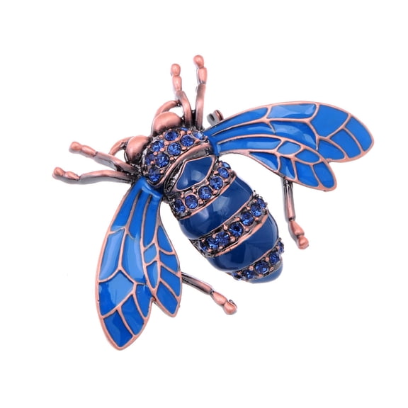 Copper Tone Shine Sapphire Blue Crystal Rhinestones Enamel Beetle Bee Brooch Pin