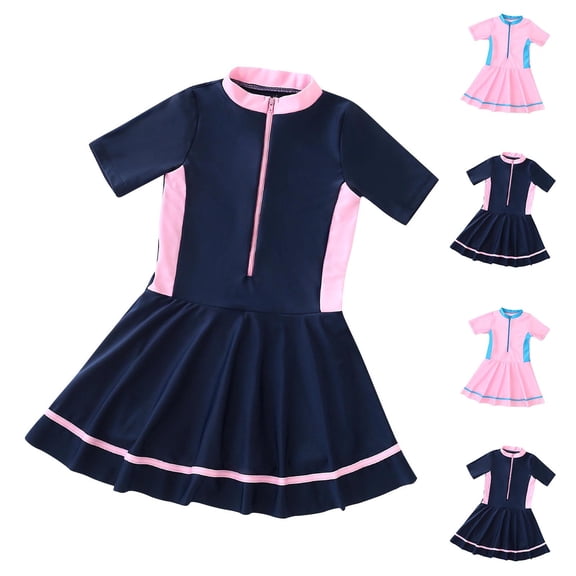 Hrsba Color Mix Girls Swimsuit Crew Neck Short Sleeve Ruffle Skirt Swimwear