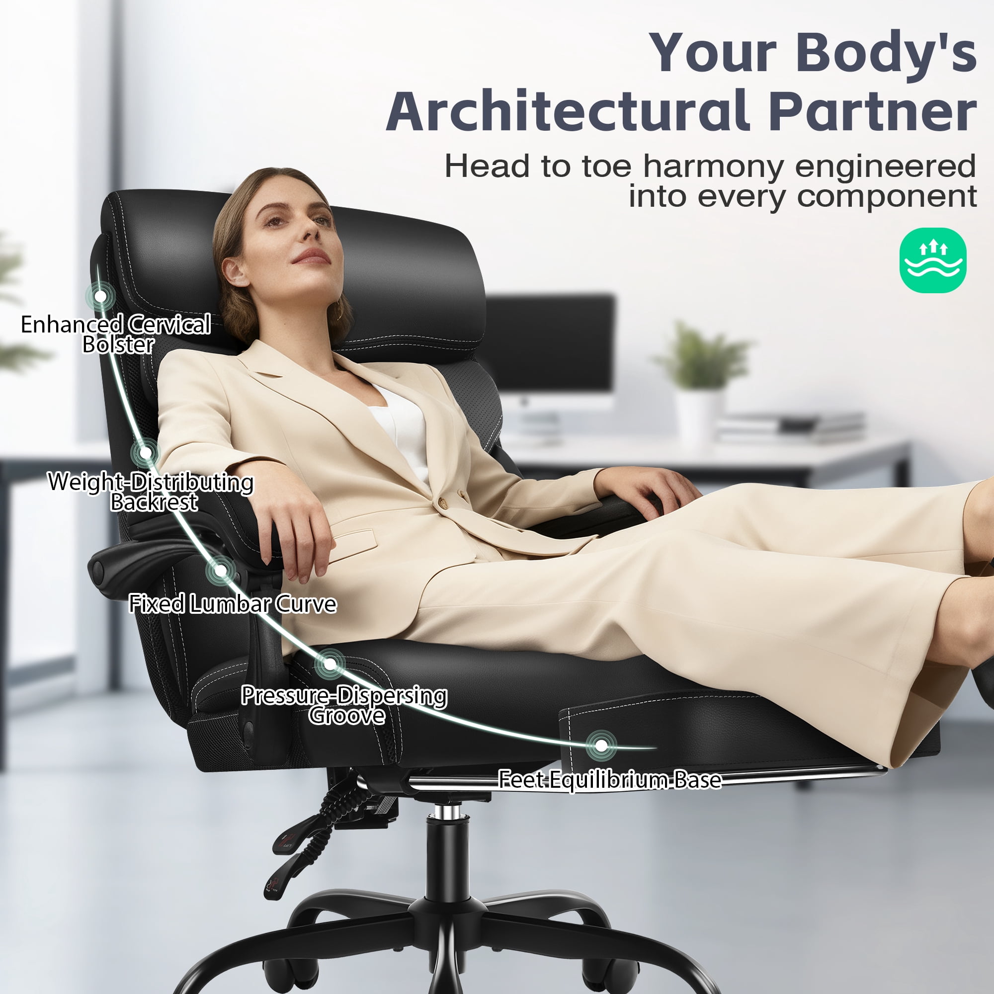 Dhole Ergonomic Office Chair with Footrest, High-Back Desk Chair with Lumbar Support and Flip-Up Arms, PU Leather Swivel Computer Task Chair for Home Office, Adjustable Rolling Chair