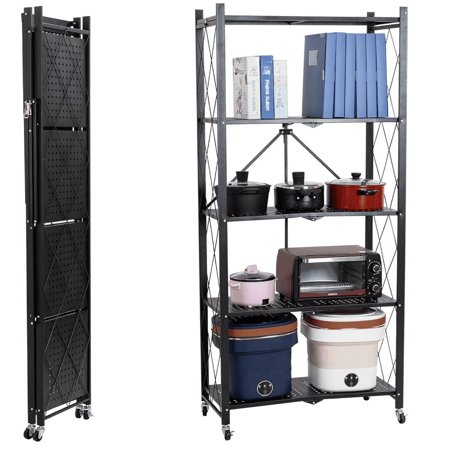 Simpli Furnished LLC 5-Tier Storage Shelving Unit, Heavy Duty Metal Shelf 27.9"x13.4"x62.5, Foldable Storage Shelf with Wheels, Garage Shelf, Metal Storage Rack, No Assembly