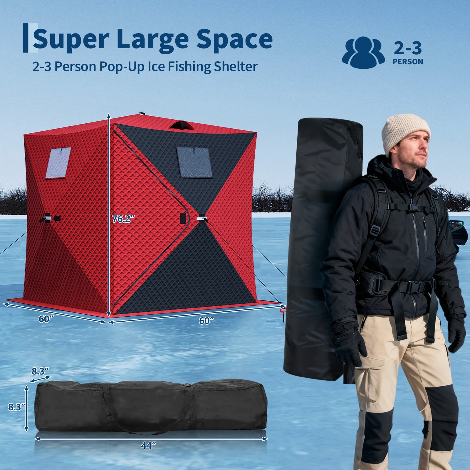 COZONY 60*60*76.2"Ice Fishing Tent w/ 15m LED Light Strip,battery box,Windproof Hub Design & Spacious Fishable Area