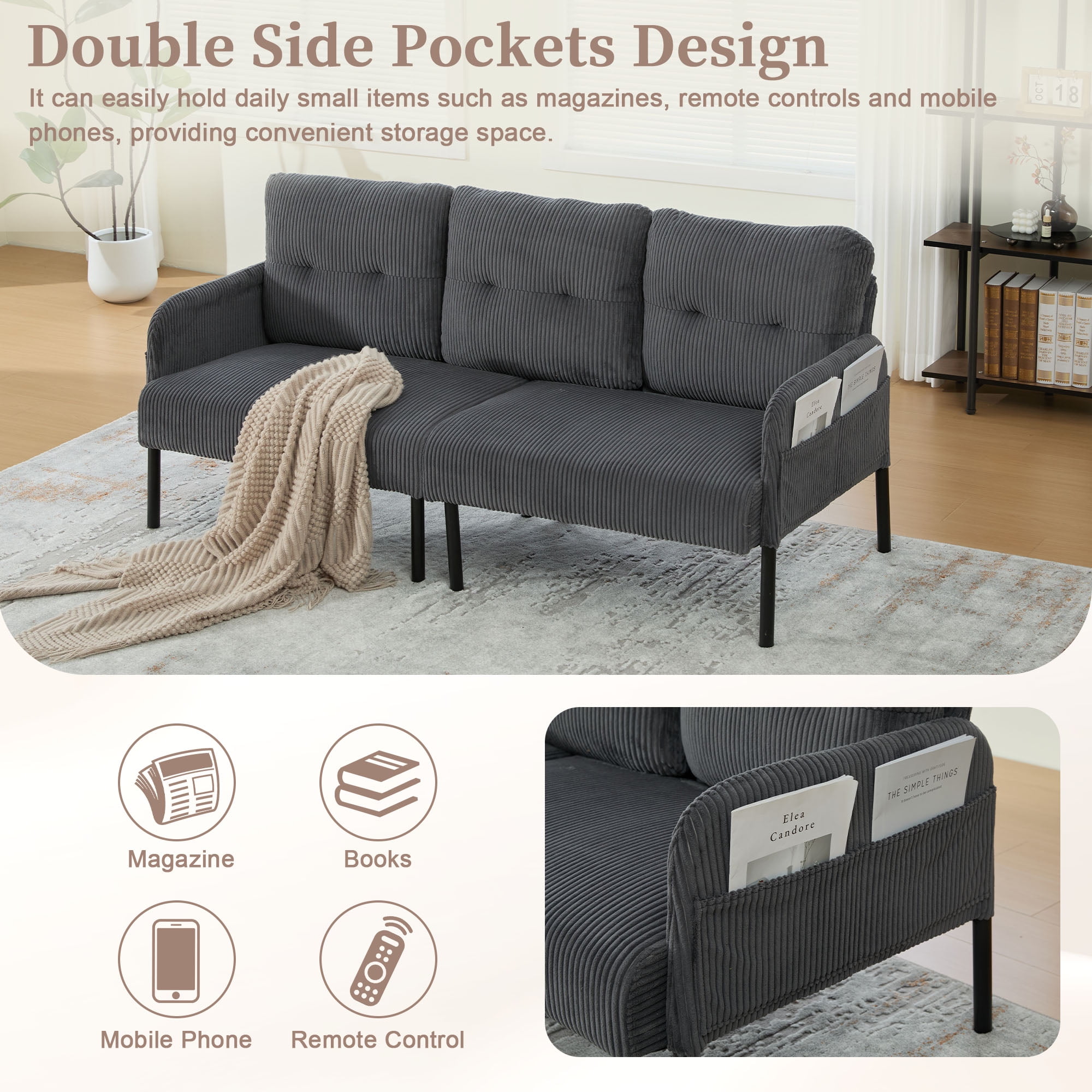 S-HOME Modern Plush Corduroy Upholstered Loveseat with Dual Side Pockets and Metal Legs, Sofa for Apartment, Carbon Gray