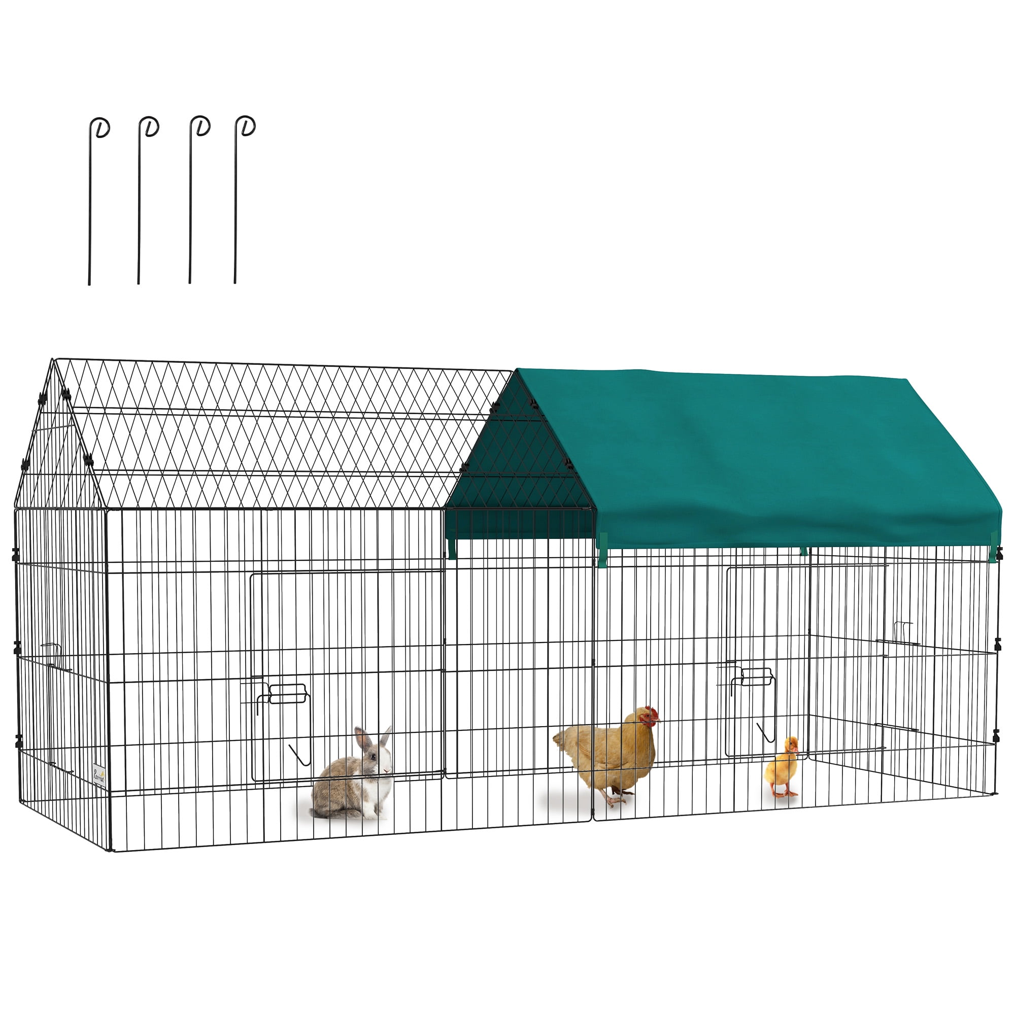 PawHut 87" Small Animal Playpen, Pet Playpen Yard Fence for Rabbits, Chicken, Chinchillas with Roof for Indoor Outdoor, Green