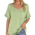 thumbnail image 2 of Lixiuxyad Women's V Neck Pocket Tee With Rolled Hem Short Sleeve Loose Top Trendy Casual,Green XL, 2 of 4