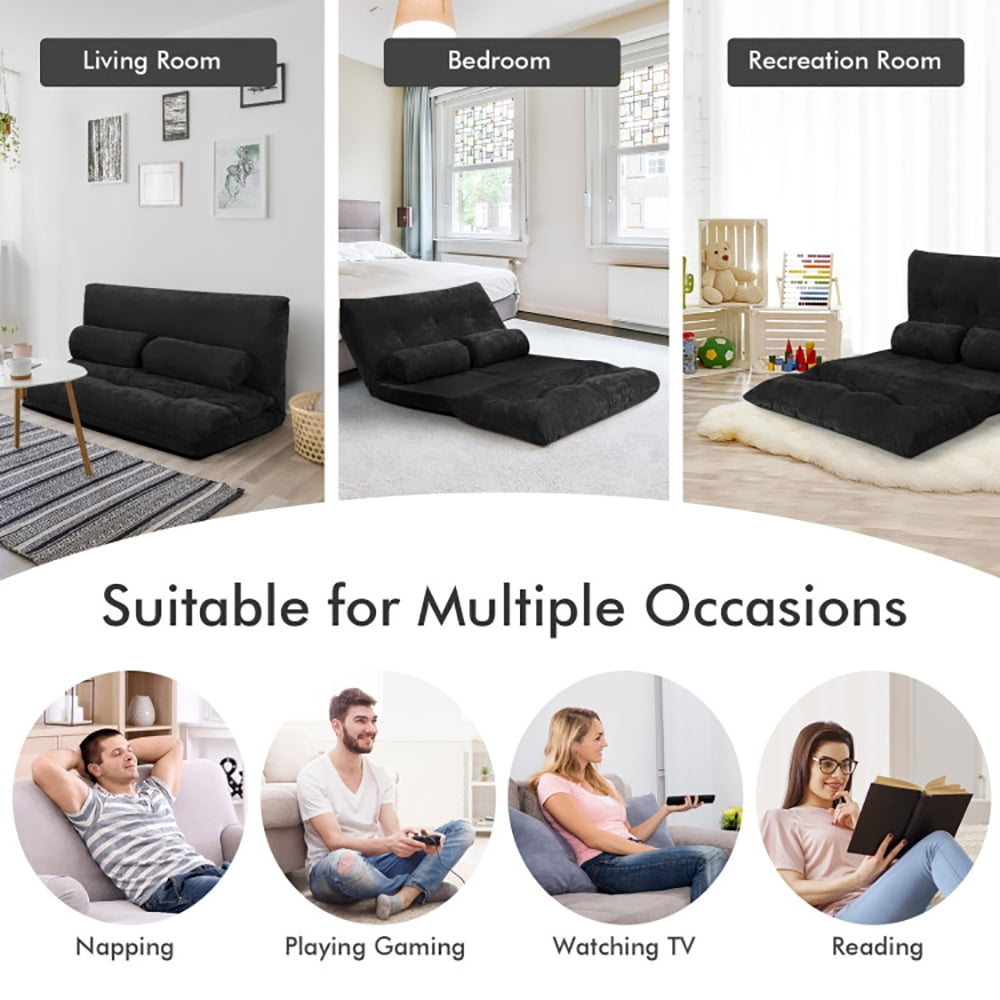 Finihen Adjustable Floor Sofa Couch, Foldable Lazy Sofa Sleeper Bed, Multi-Functional Floor Loveseat, 6-Position Adjustable Sleeper Lounge Couch with 2 Pillows, for Reading, Gaming, Black Finihen Adjustable Floor Sofa Couch, Foldable Lazy Sofa Sleeper Bed, Multi-Functional Floor Loveseat, 6-Position Adjustable Sleeper Lounge Couch with 2 Pillows, for Reading, Gaming, Black
