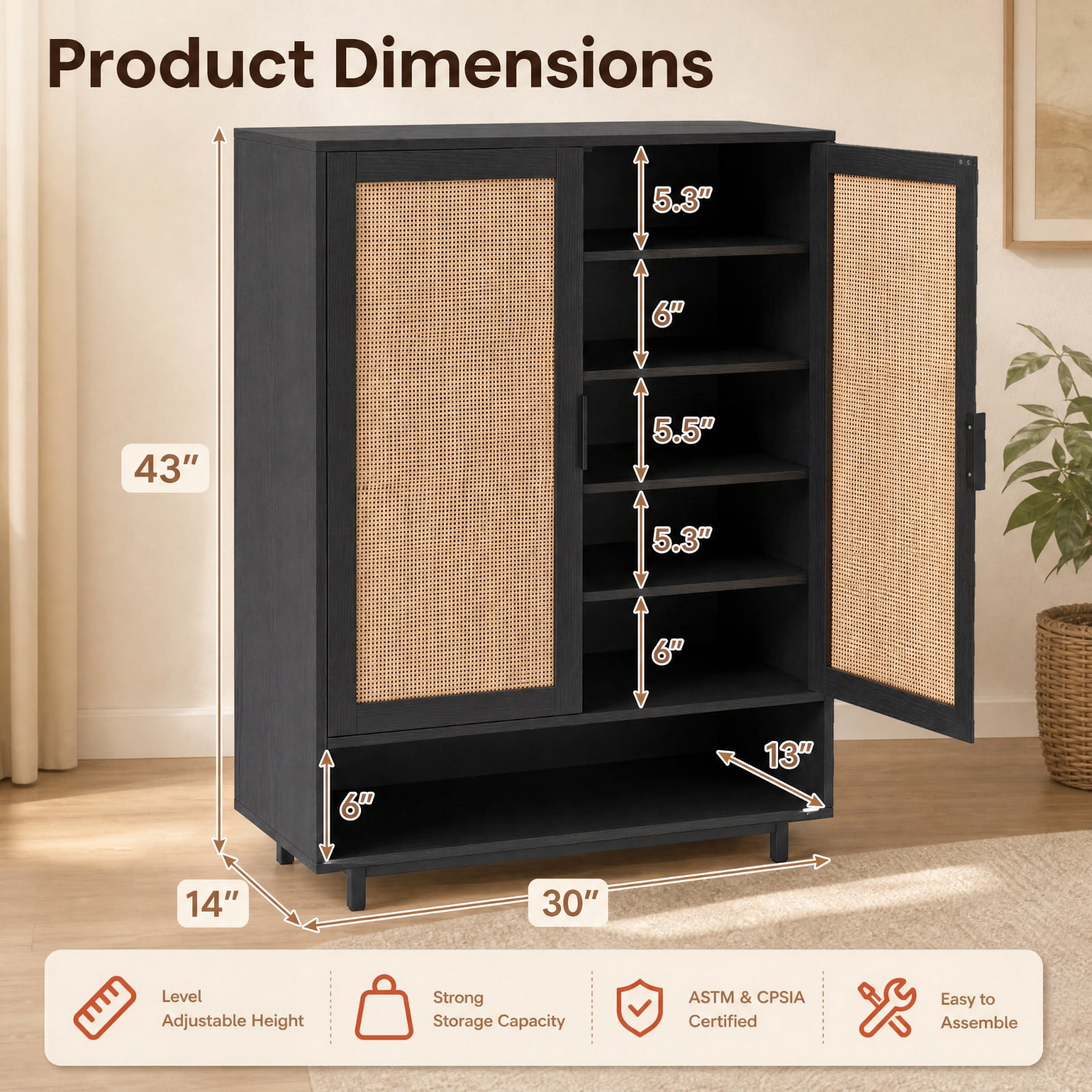 Furnibear 43 Inch Tall 6 Tier Shoe Cabinet with Double Doors and Adjustable Shelves for Entryway Living Room and Closet, Black