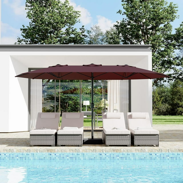 Garvee 15 ft Double-Sided Patio Umbrella with Base Included, Large Outdoor Rectangular Market Umbrella for Poolside, Lawn & Backyard, Claret
