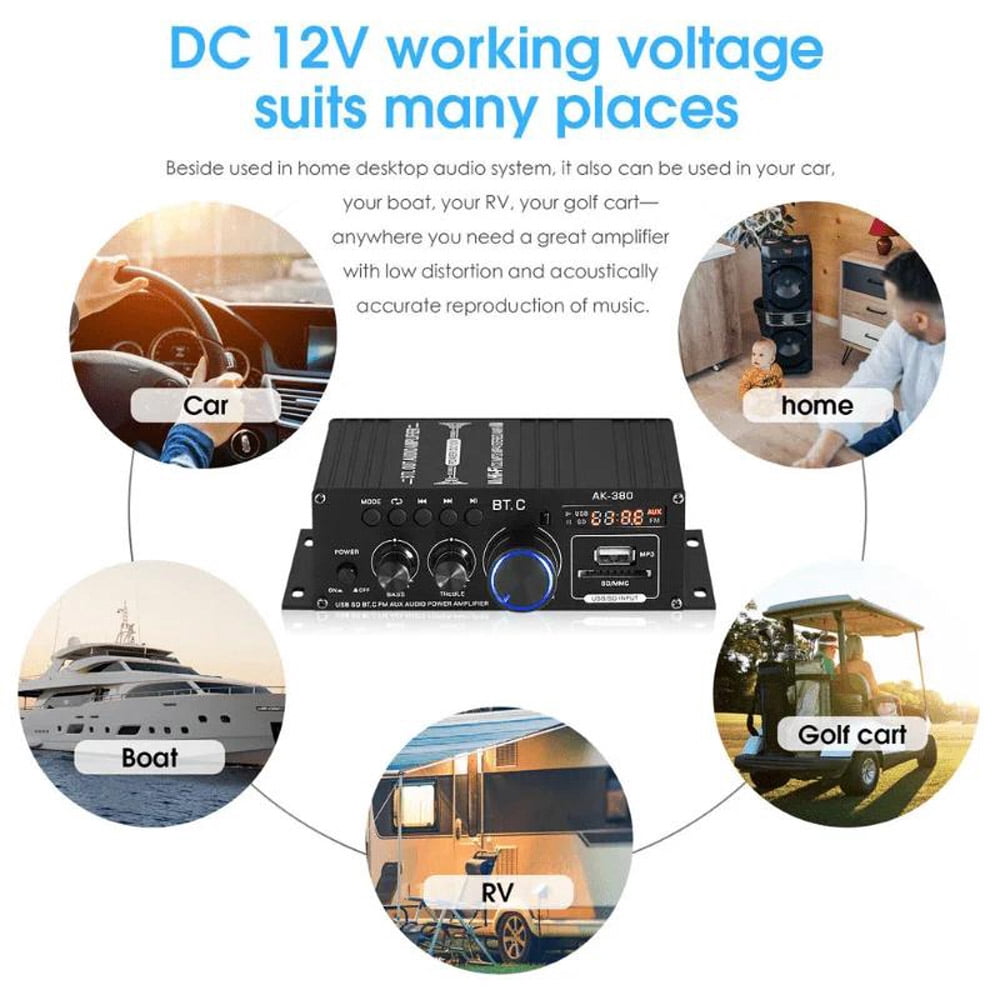 800W 2-Channel Bluetooth Mini HiFi Power Amplifier Stereo Amp for Home and Car Audio, FM Radio Compatible, Compact High-Power Audio Amplifier, Portable Music Player Sound System