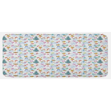 Christmas Kitchen Mat, Holiday Xmas Eve Carol Theme Snowman Pine Trees and Snowflakes Ribbons Image, Plush Decorative Kitchen Mat with Non Slip Backing, 47" X 19", Multicolor, by Ambesonne