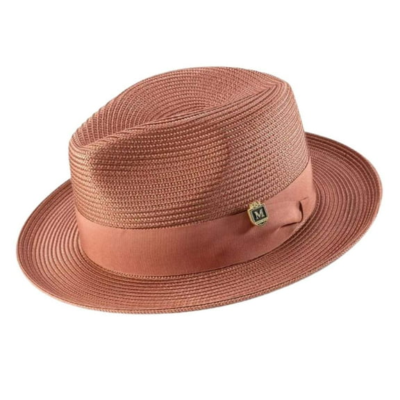 Men's Braided Wide Brim Pinch Fedora Matching Grosgrain Ribbon Hat in Cognac H-42