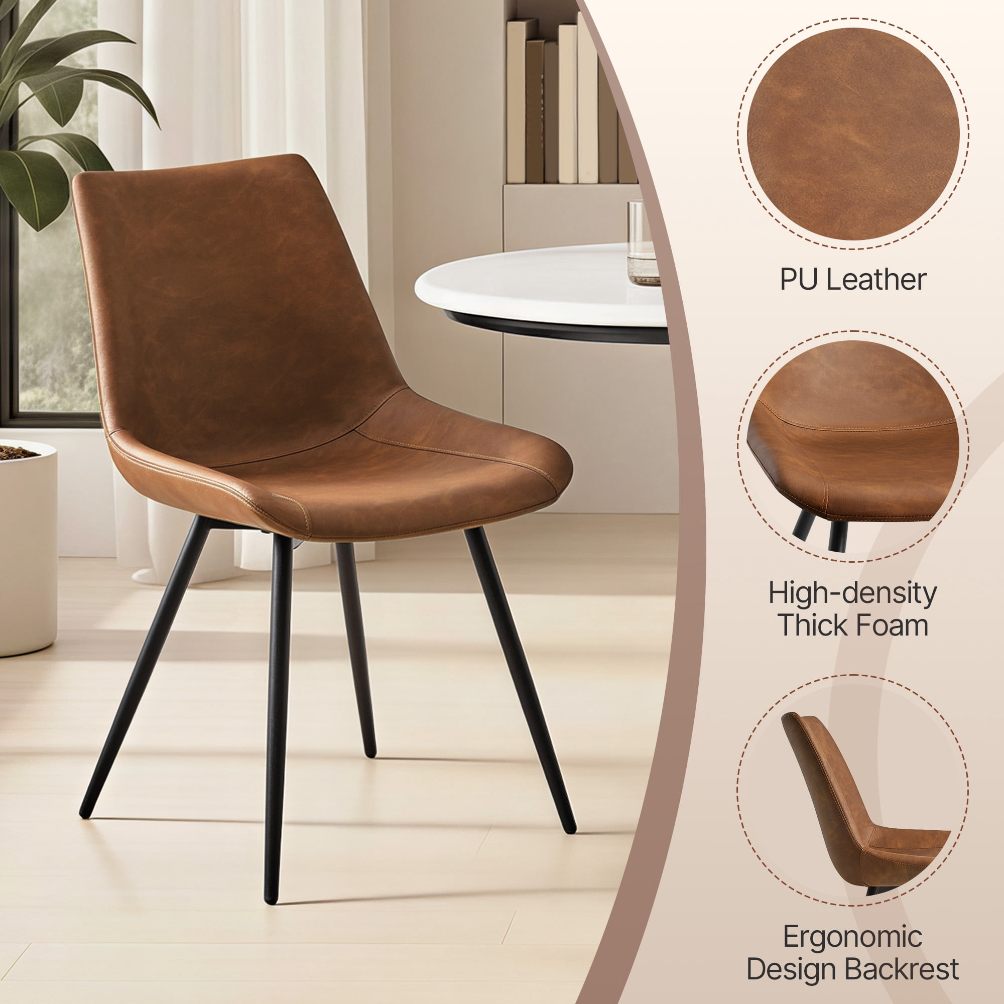 Alden Design 2PCS Faux Leather Dining Chairs with Metal Legs for Dining Room, Brown
