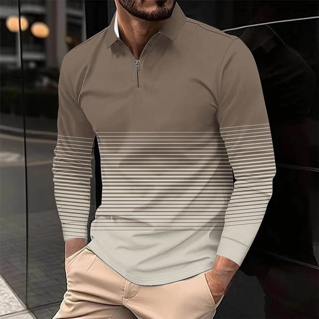 Blusa y camisa de manga larga con cuello vuelto para hombre, informal, holgada, con cremallera, a rayas, estampada, de poliéster.
