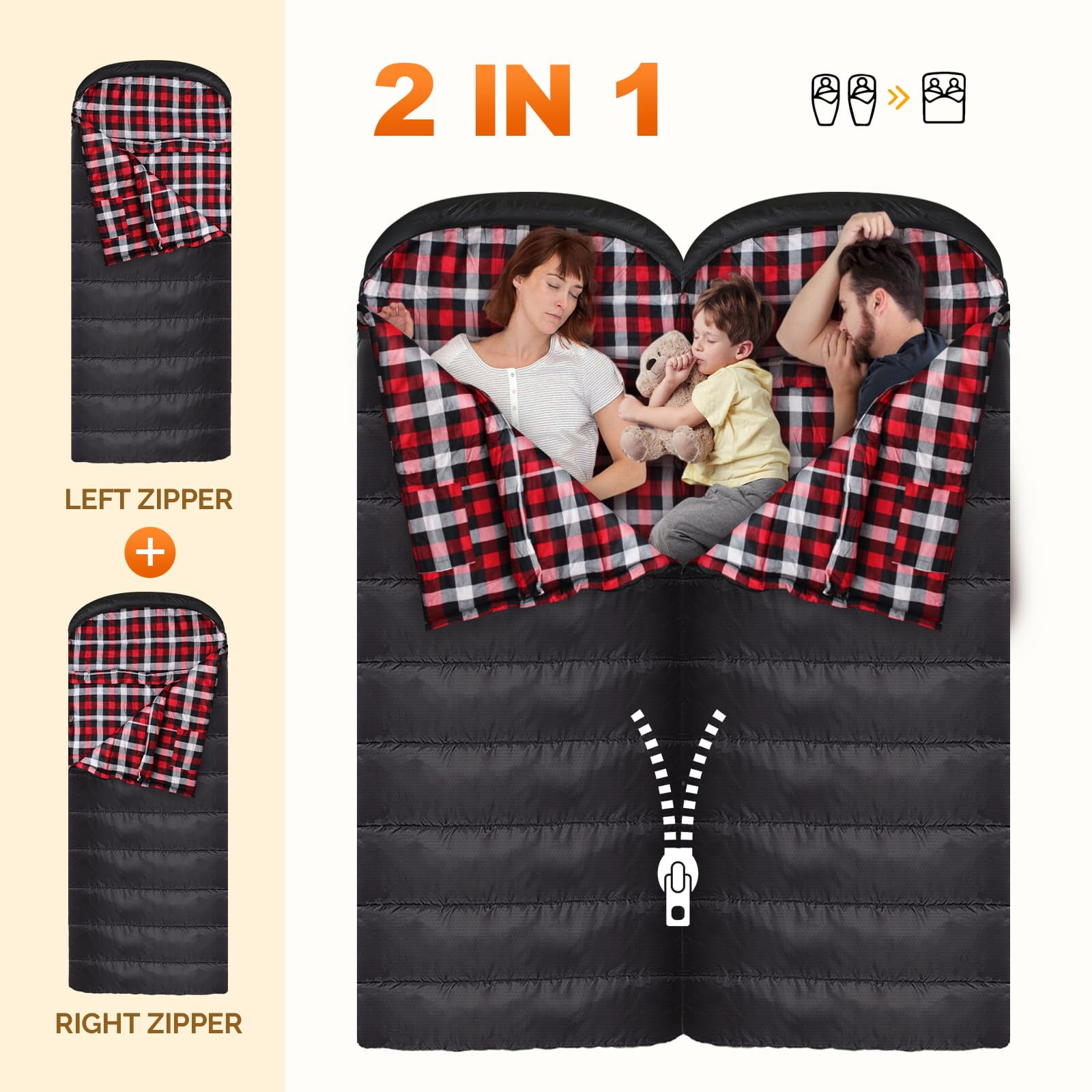 Flannel Sleeping Bag Cotton 0 Degree Cold Weather for Adults XXL Sleeping Bag 4 Season Big and Tall with Pillow Compression Sack (Right Zipper)