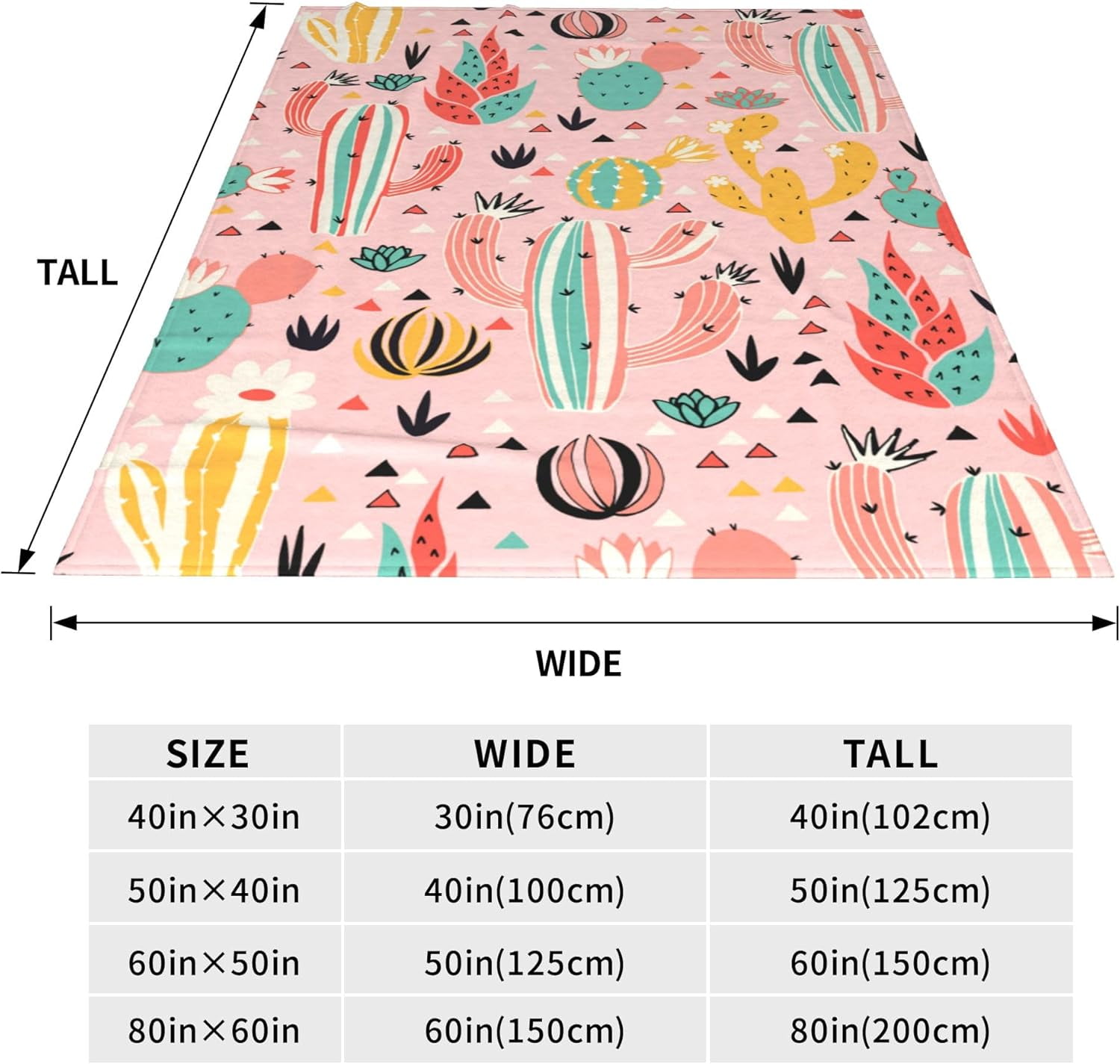 Pink Cactus Blanket for Adults Cute Cacti and Triangles Lovely Floral Flowers Throw Blankets Gifts Women Girls Lightweight Soft Fleece Cozy for Sofa Couch Bed Room Travel Party Decor 50x60in