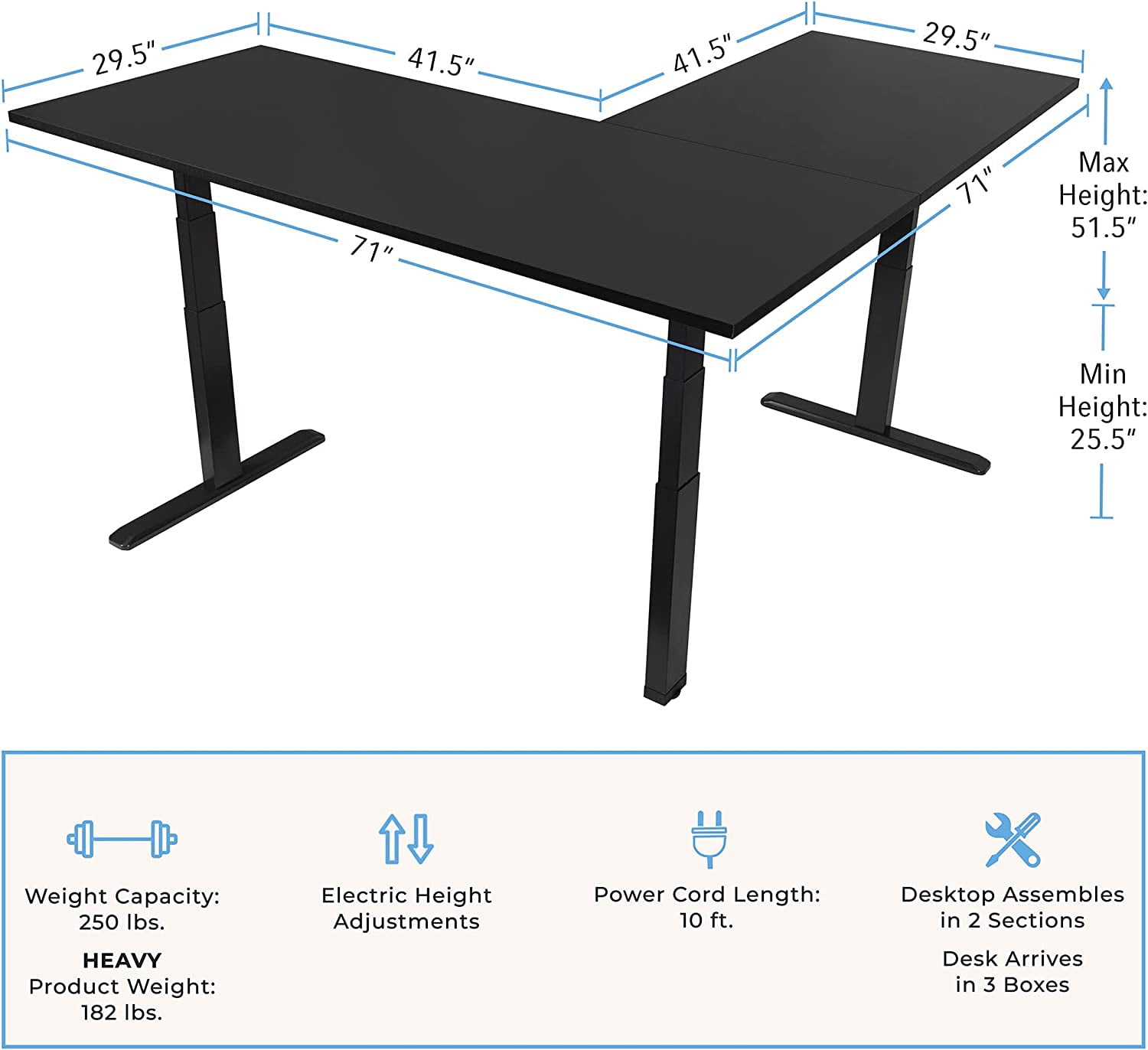 Stand Steady Tranzendesk Power | Extra Large 71" Electric L-Shaped Standing Desk | Giant Corner Stand Up Desk & Sit Stand Workstation |  Ergonomic Computer Desk Fits 4 Monitors (Black / 71")