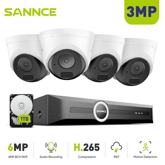 SANNCE PoE Surveillance Security Camera System, H.265 6MP 8CH NVR, 4X3MP Wired Conch Security IP Cams, AI Human/Vehicle Detection, Built-in Mic, 100Ft Color Night Vision, IP67, 1TB HDD, Security Kit
