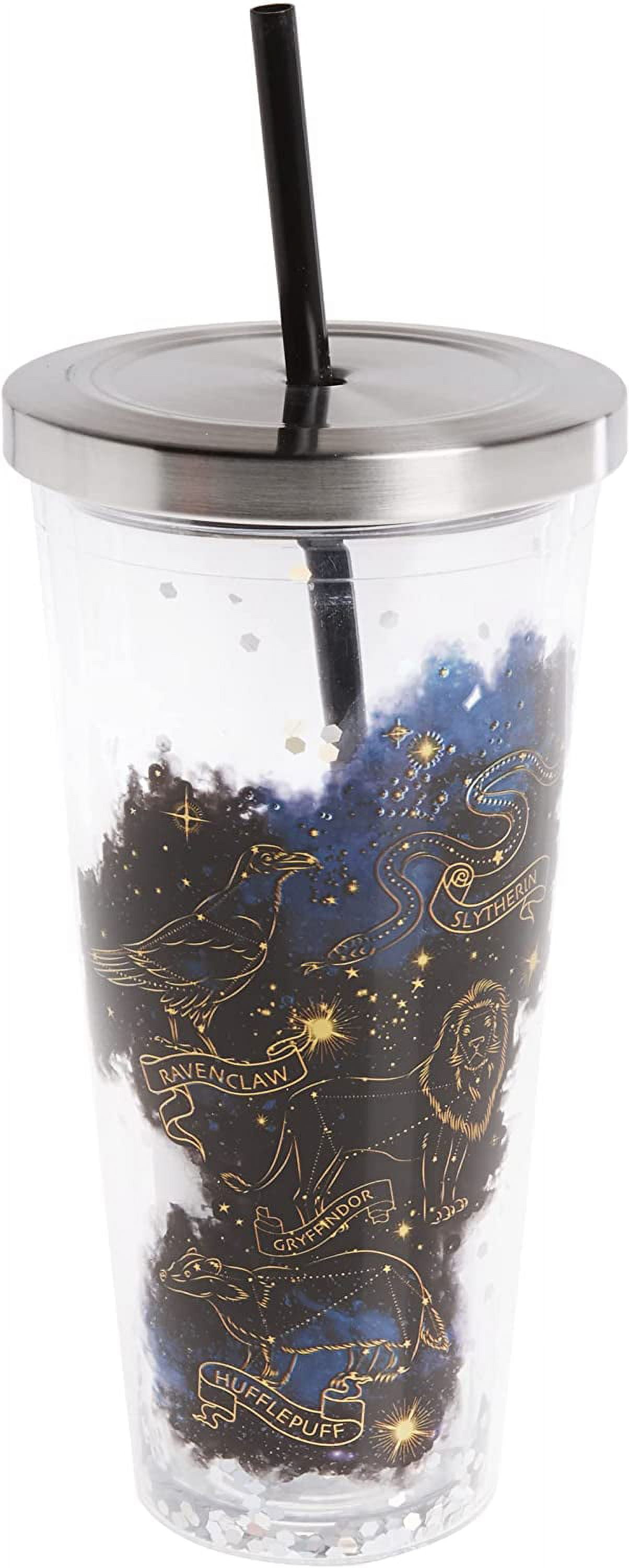 Harry Potter Hogwarts Tumbler travel Cup Glitter Acrylic with Straw UNUSED