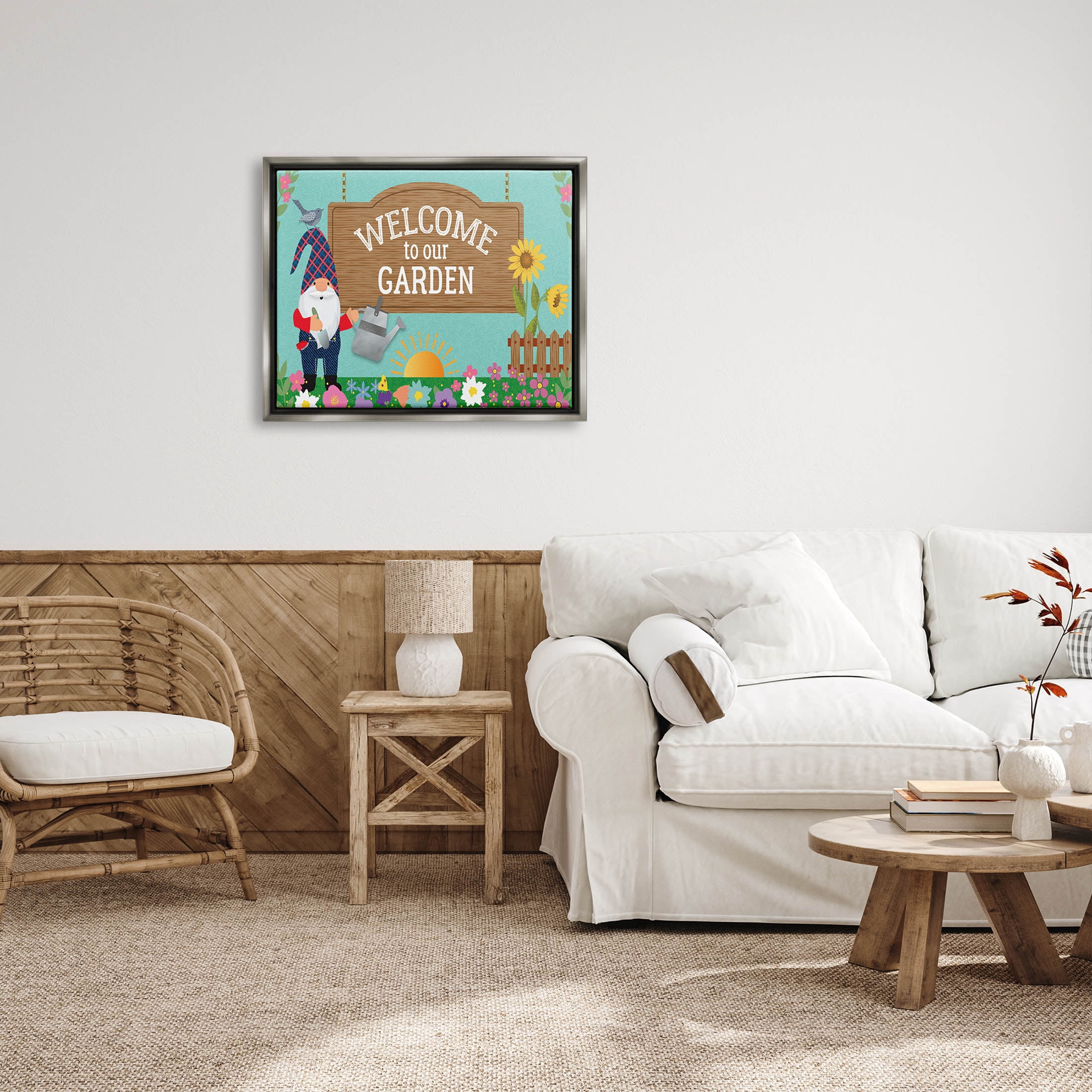 Welcome To Our Garden Gnome Fairy Tales & Fantasy Graphic Art Luster Gray Framed Art Print Wall Art