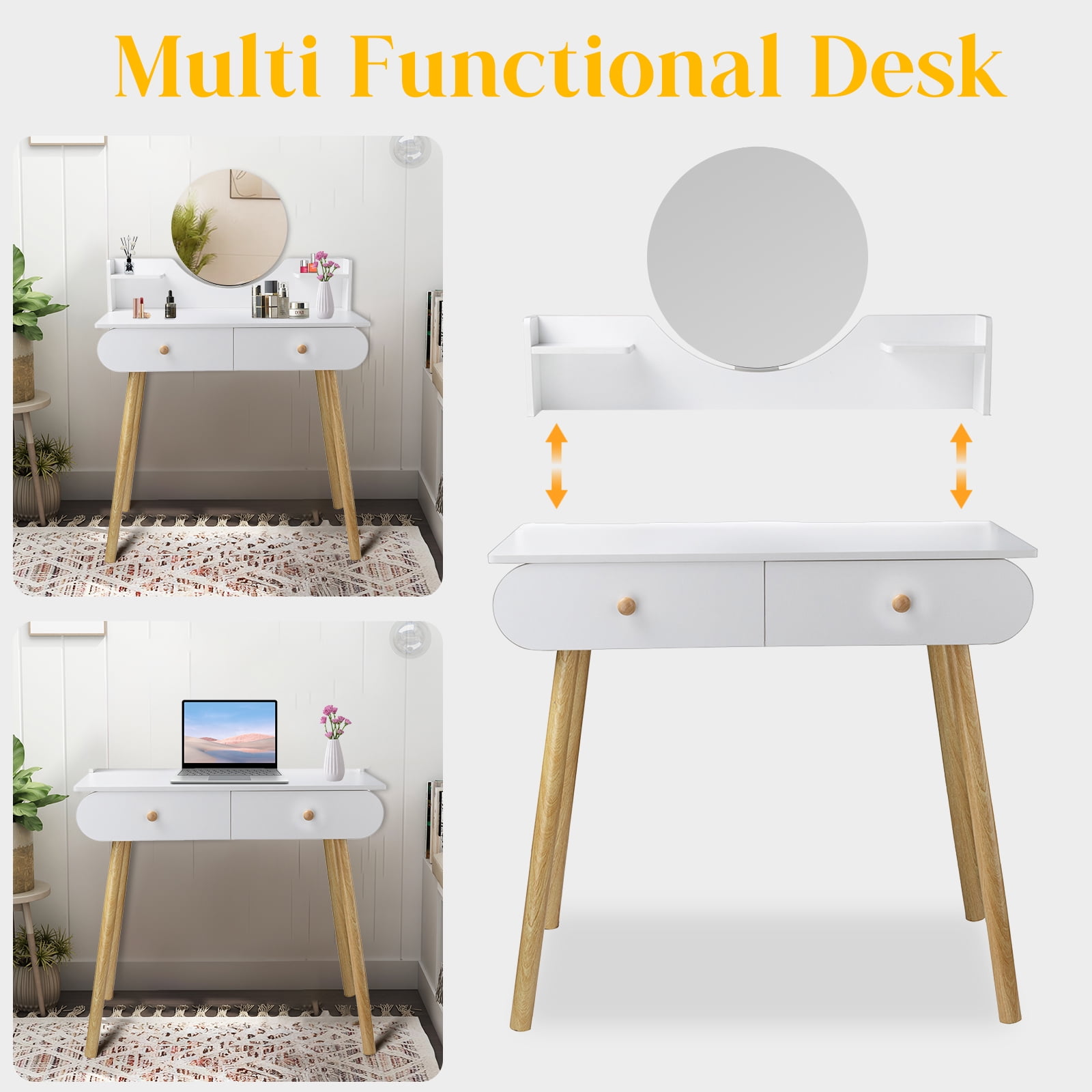 RICHYOUNG Vanity Table Set with Mirror, Makeup Table with 2 Large-Drawer for Bedroom, White(Without Stool)