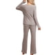 thumbnail image 3 of Conjunto de pijamas INSPIRE CHIC para mujer, con cuello redondo, manga larga, ropa de dormir suave, PJs de descanso con bolsillo, talla XL, color marrón, 3 of 6