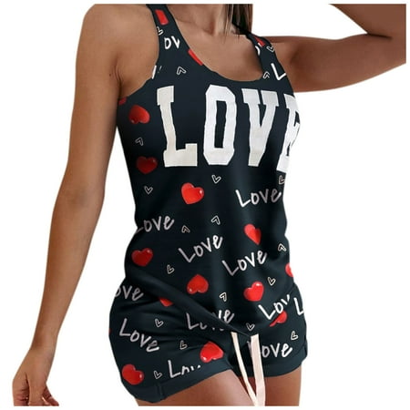 

Women s Lingerie Printing Sleeveless Casual Vest Two-Piece Suit Teddy Babydoll Bodysuit Red S